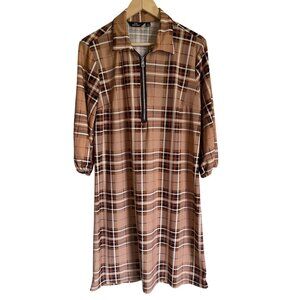 mlle gabrielle Brown Plaid Collared Shirt Dress Zip Front 3/4 Sleeve Fall Preppy